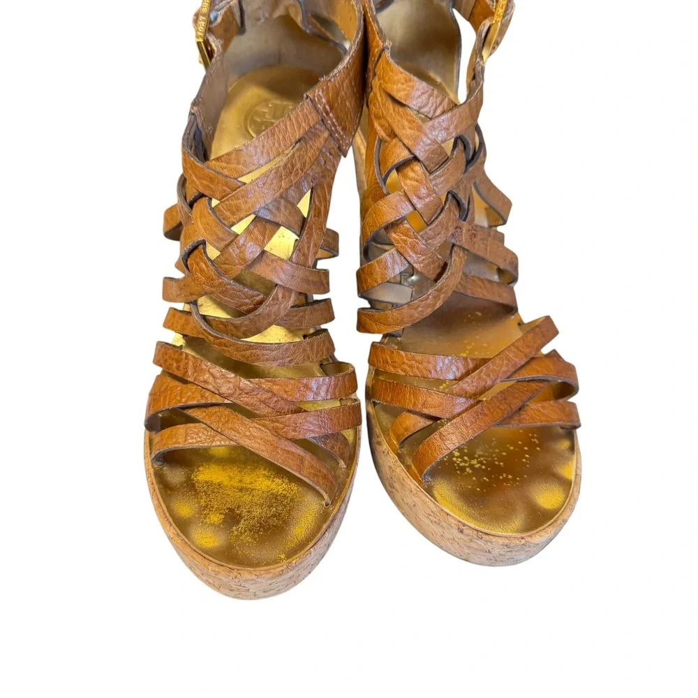 Tory Burch Tan Leather Woven Strappy Cork Wedge Sandals Gold Insole Size 7M